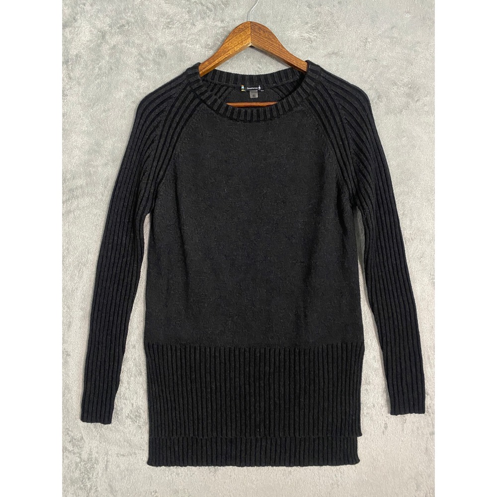 Smartwool Sweater Women M Gray Tunic Merino Wool Blend Ribbed Raglan Slit Hem